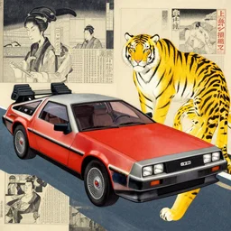 a red delorean and yellow tiger, art by hsiao - ron cheng & utagawa kunisada in magazine collage style,