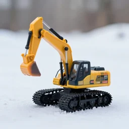toy space excavator riding on snow, 3 3 mm close up photo