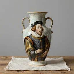 beautiful studio photograph of a ceramics display with a portrait of henry the viii painted by hans holbein painted onto a tall angular stoneware vase with handles placed on a tablecloth on a wooden table, hyperrealism 8 k trending on artstation