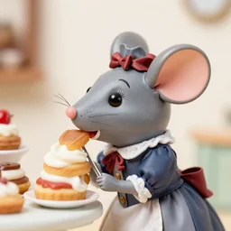 closeup profile face portrait of a tin toy mouse dressed as a victorian lady eating cakes in a shop, nicoletta ceccoli, mark ryden, lostfish, max fleischer, hyper realistic, artstation, illustration, digital paint, matte paint, vivid colors, bright, cheerful, detailed and intricate environment