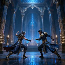 fantasy sci fi characters fight in ancient temple, dark vibrant colors, action scene, 8 k, lumen reflections, sharpened, insanely detailed and intricate, hypermaximalist, elegant, ornate, hyper realistic, super detailed, digital art, blue