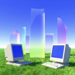 8 0 s and 9 0 s computer art generated architecture shapes in a meadow with blue sky. slick, futuristic design. colorful soft gradients, translucence. pre - 2 0 0 0 s era. 9 0's computer art, early computer graphics