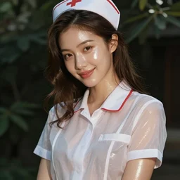 glamorous and sexy nurse in transparent blouse, shy smiling, beautiful, pearlescent skin, natural beauty, seductive eyes and face, elegant girl, natural beauty, very detailed face, seductive lady, full body portrait, natural lights, photorealism, summer vibrancy, cinematic, a portrait by artgerm, rossdraws, Norman Rockwell, magali villeneuve, Gil Elvgren, Alberto Vargas, Earl Moran, Enoch Bolles
