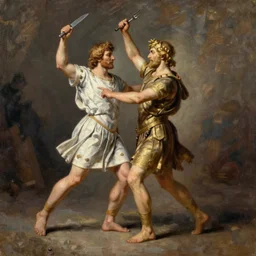 knife and a fork dancing, roman style, oil painting, masterpiece