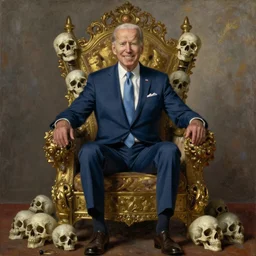 Joe Biden sitting on his throne of skulls and smiling, oil on canvas, 1883