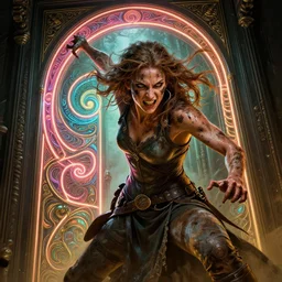 door, furious gorgeous woman, face covered in dirt, lord of the rings ,neon, fibonacci, sweaty, dynamic action pose, insane, intricate, highly detailed, digital painting, artstation, concept art, smooth, sharp focus, illustration, Unreal Engine 5, 8K, art by artgerm and greg rutkowski and alphonse mucha