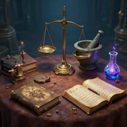 unreal engine, tony sart, table, wizards laboratory, mortar, pestle, scales, magic book, beaker, energy