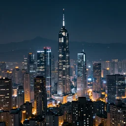 a beautiful futuristic city skyline at night with mountains in the background, scifi, cyberpunk