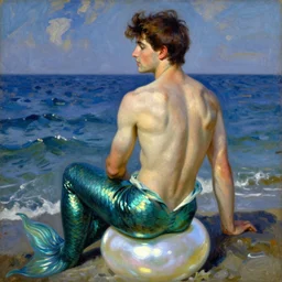 vintage beautiful painting of a gay man with a mermaid tail  looking with the back at the sea sitting on a white pearl in Mary Cassatt style
