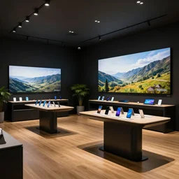 copic marker, gouache, atmospheric stylized lighting!!!!!!!!!! ( ( ( ( ( ( ( ( ( ( serious grounded balanced muted flagship samsung store, black walls. timber floor. low ceilings with spots. curved furniture, with large digital screen. display tables with phones and tablets, pots with plants, large digital screens on the walls ) ) ) ) ) ) ) ) ) )
