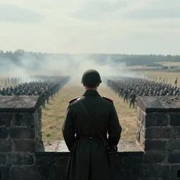 cinematic view from behind a commander standing on the battlements watching an enemy army in the distance, by greg rutowski, 4 k, masterpiece