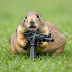 a very hangry prairie dog. holding an m 1 6, aiming, lying on the grass