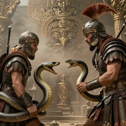 Gladiators fighting snakes, high detail, 8k, ornate, masterpiece, complex, haze, film still from the movie directed by Denis Villeneuve with art direction by Pablo Picasso and Greg rutkowski, Alex Gray, close up