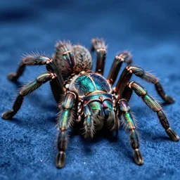 high quality macro photo iridescent tarantula! jewelled supercute! highly detailed david ligare elson peter cinematic blue lighting high quality low angle hd 8k sharp shallow depth of field