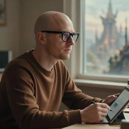 bald man with thick black glasses, blue eyes, medium close up portrait, sitting at desk, looking out window, using ipad, fantasy city outside window, adjacent window, greg rutkowski, brown color palette, lofi, profile view