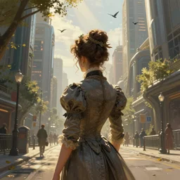 portrait of a victorian lady in a futuristic city, from behind, streets, birds in the sky, sunlight and rays of light shining through trees, tall buildings on the sides, beautiful, solarpunk!!!, highly detailed, digital painting, trending on ArtStation