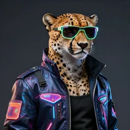 commission portrait of a male anthro cheetah wearing a neon cyberpunk jacket and neon sunglasses.dramatic,character design by charles bowater,greg rutkowski,ross tran,hyperdetailed,hyperrealistic,4k,deviantart,artstation,professional photography,concept art