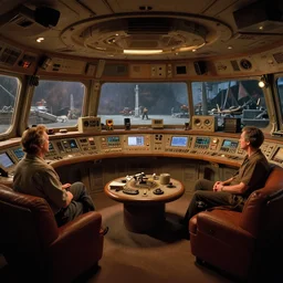 cozy stareship radio room. interior design. ralph mcquarrie scenes. art by, keith parkinson, walter simonson, gerald brom, keith parkinson. cycles. r / retrobattlestations