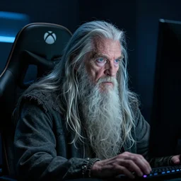 gandalf intensely focused playing xbox, gamers chair, close up of face, high details, wrinkles, shadows, low angle photograph, face lighted by monitor, blue lighting, dark room, photo by annie leibovitz