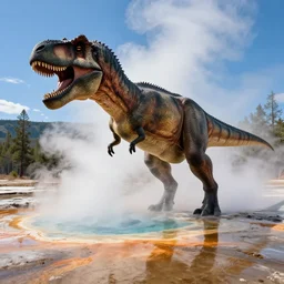 tyrannosaurus rex emerging from grand prismatic spring, fictional photography, in the style of jurrastic park