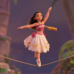 filipina prima ballerina as nendoroid walking on a tightrope in moana movie style, anime, disney, pixar, 8 k, hd, dof, kodak film, volumetric lighting, subsurface scattering, photorealistic, octane render, details