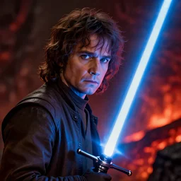 A close up shot of Frodo Baggins with a blue lightsaber on Mount Doom, extreme detail, 4k movie still