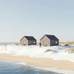 a couple of small houses sitting on top of a snowy beach, a digital rendering by christian hilfgott brand, featured on dribble, photorealism, rendered in unreal engine, vray tracing, physically based rendering