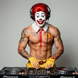 shirtless muscular with tattoos Ronald McDonald wearing headphones DJing with DJ turntables
