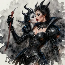 a beautiful watercolor of hell's just a kiss away, black queen, in the style of delphin enjolras, ultrarealistic, dynamic lighting, artstation, hyper realism, 3 d octane render, 8 k.