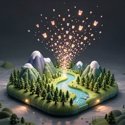 inflatable landscape with forest, river and mountains swarm of floating wishes , concept art, huge scale, high detail, sci fi by James Jean