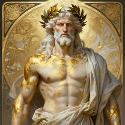 upper body portrait of rugged zeus with streaks of gold body paint, laurel crown heavenly god [ white hair ] masculine mature rugged powerful handsome muscular flowing robe fantasy intricate elegant detailed digital painting trending artstation concept art sharp focus asymmetrical illustration art by greg rutkowski alphonse mucha