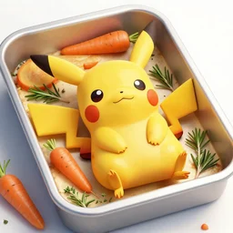 roasted pikachu in a baking tray with rosemary and thyme, carrots and parsnips, cooking oil, ready to eat, electric sparks