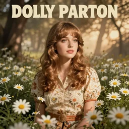 young Dolly Parton surrounded by daisies, 70s poster design, retro, groovy, hippie