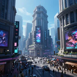 hyperrealistic matte painting of a cyberpunk city street, lofty buildings of classical architecture, a crowded cyberpunk marketplace, object centered, myriad of technological ads, graffiti, electronic ads, 8 k resolution, by hugh ferris and noriyoshi ohrai, polished, fine detail, blue color scheme, cyberpunk style, smooth, octane, concept art, trending on artstation
