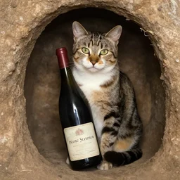a cat that holds a bottle of old french wine sitting in the cave