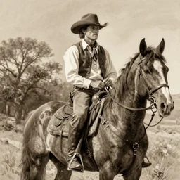 cowboy outlaw sitting on a horse. serigraph. screen - printed in sepia