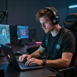 realistic rich man using laptop in gaming room, artstation trends, sci fi concept art, highly detailed, intricate, sharp focus, digital art, 8 k