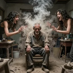 o hyper realistic photo of a weathered old man sat in a small untidy room, feedback loop, burst of powders, volumetric lighting, twisting vapour, bellowing dust, emerging hands and beautiful woman's screaming face, full colour, upscale, 4 k