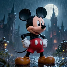 angry mickey mouse, wearing rain soaked armour in heavy rain, incredibly fine detailed portrait, battle angel alita, dynamic angle, elegant, full body profile, 2 0 0 mm focal length, highly detailed, dramatic full moon lighting, many fireflies, gothic castle prodominently in the background, movie cover