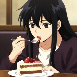 albedo from overlord, long black hair, eating a slice of cake n - 3