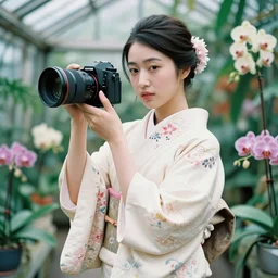 fashion photograph of a beautiful Japanese woman wearing a traditional kimono in a tropical orchids greenhouse, by Annie Leibowitz, by Alessio Albi, extremely detailed, large format camera, Fuji Provia film, 85mm lens, bokeh, bokeh, blurred background, photorealistic, trending on instagram, trending on artstation