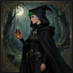 side portrait dark witch with hood, adventurer outfit large cloak, fantasy forest landscape, moonshine, fantasy magic, undercut hairstyle, short green black fade hair, dark light night, intricate, elegant, sharp focus, illustration, highly detailed, digital painting, concept art, matte, art by WLOP and Artgerm and Greg Rutkowski and Alphonse Mucha, masterpiece