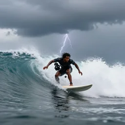 a wide angle dynamic action portrait of a black man with dreadlocks surfing in a thunderstorm, large violent waves, by clark little.