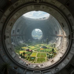 highly detailed 4K fantasy matte painting of the view from inside a generation ship cylinder spaceship artificial gravity circular walls farmland sci fi digital art by Greg Rutkowski and Thomas Kinkade and Syd Mead, trending on Artstation