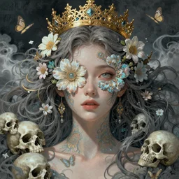 ornate, intricate, young, beautiful, woman, fractal patterns, ethereal, flowers covering eyes, flowing hair, cinematic by Tsutomu Nihei by Emil Melmoth, Gustave Dore, Craig Mullins, yoji shinkawa,Luis Royo, skulls, artstation, pete morbacher, hyper detailed, high detail, artstation, rendering by octane, unreal engine, cinematic, ghost, clouds, colors, paint strokes, butterflies, gold, crown, beautiful eyes , 8K HD