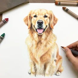 finished kids drawing of a golden retriever, crayons. high details, photorealistic, artstation trending
