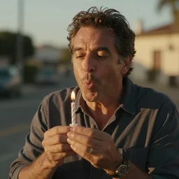 an incredibly attractive middle - aged man called miguel schneider happily blowing birthday candles, golden hour, cinematic 3 5 mm realistic