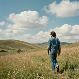 A landscape of hills and tall grass on a sunny day with puffy clouds with a man with medium length black hair, jean jacket and jeans, sunglasses, walking away into the distance, artistic vintage collage art, 1970s