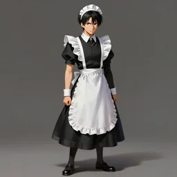 full body cottagecore painting of Levi Ackerman, south Korean male, wearing a black and white maid dress, short, short hair, pointy nose, annoyed. elegant. highly detailed, digital painting, artstation, concept art, smooth, sharp, focus, illustration. art by artgerm and greg rutkowski alphonse mucha and Marat Safin
