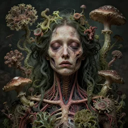 sad and detailed rotten woman corpse with fractal plants and fractal flowers and mushrooms growing around, face muscles, veins, arteries, intricate, ornate, surreal, ray caesar, john constable, guy denning, dan hillier